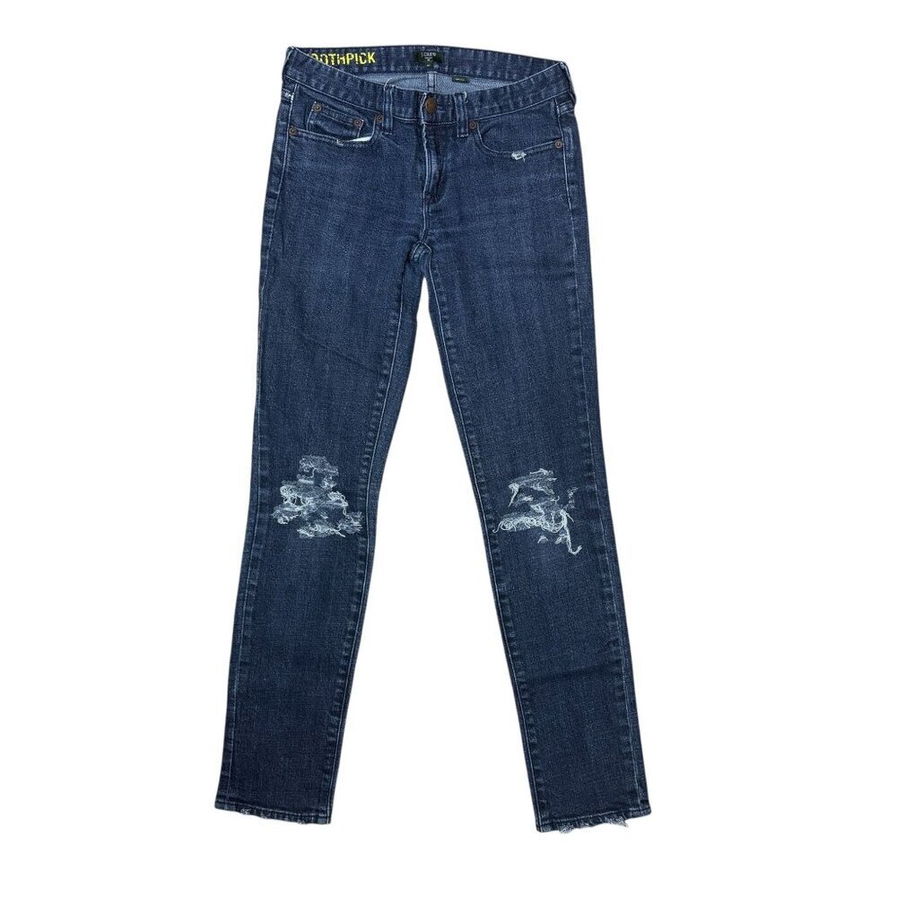 J.Crew Toothpick Skinny Jeans 27 Distressed Dark Wash Raw Chewed Hem Stretch